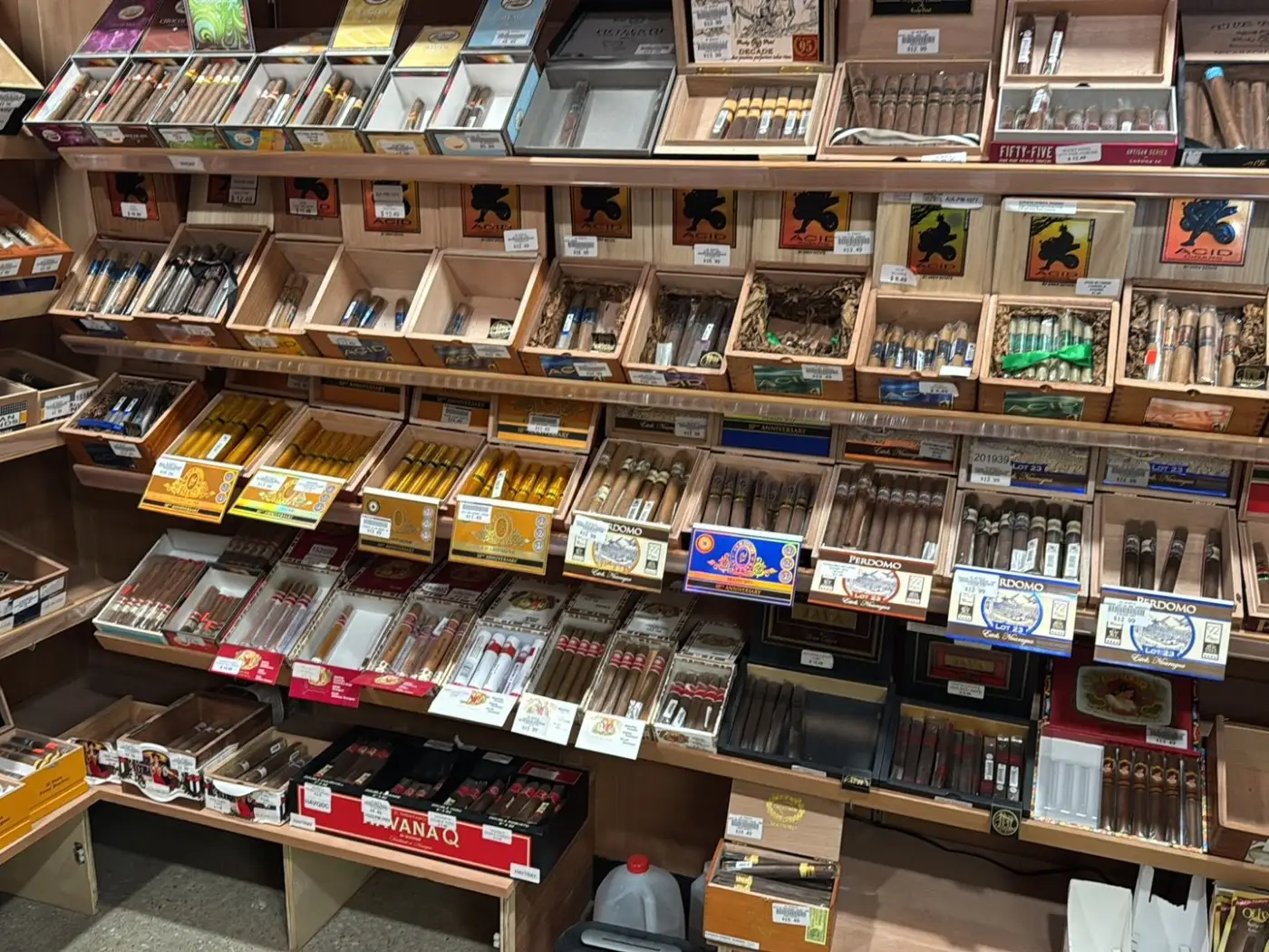 Premium cigar wall display at GS Spirits Cigar Room in Eastlake Ohio