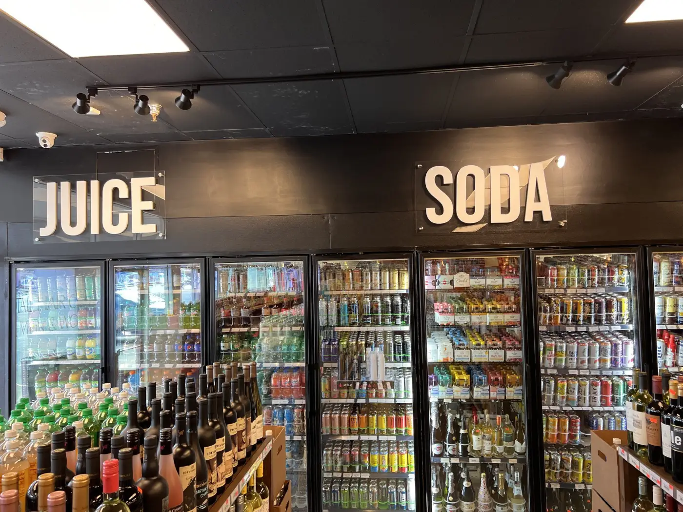 Juice and soda cooler wall at GS Spirits Beer & Tobacco in Eastlake Ohio
