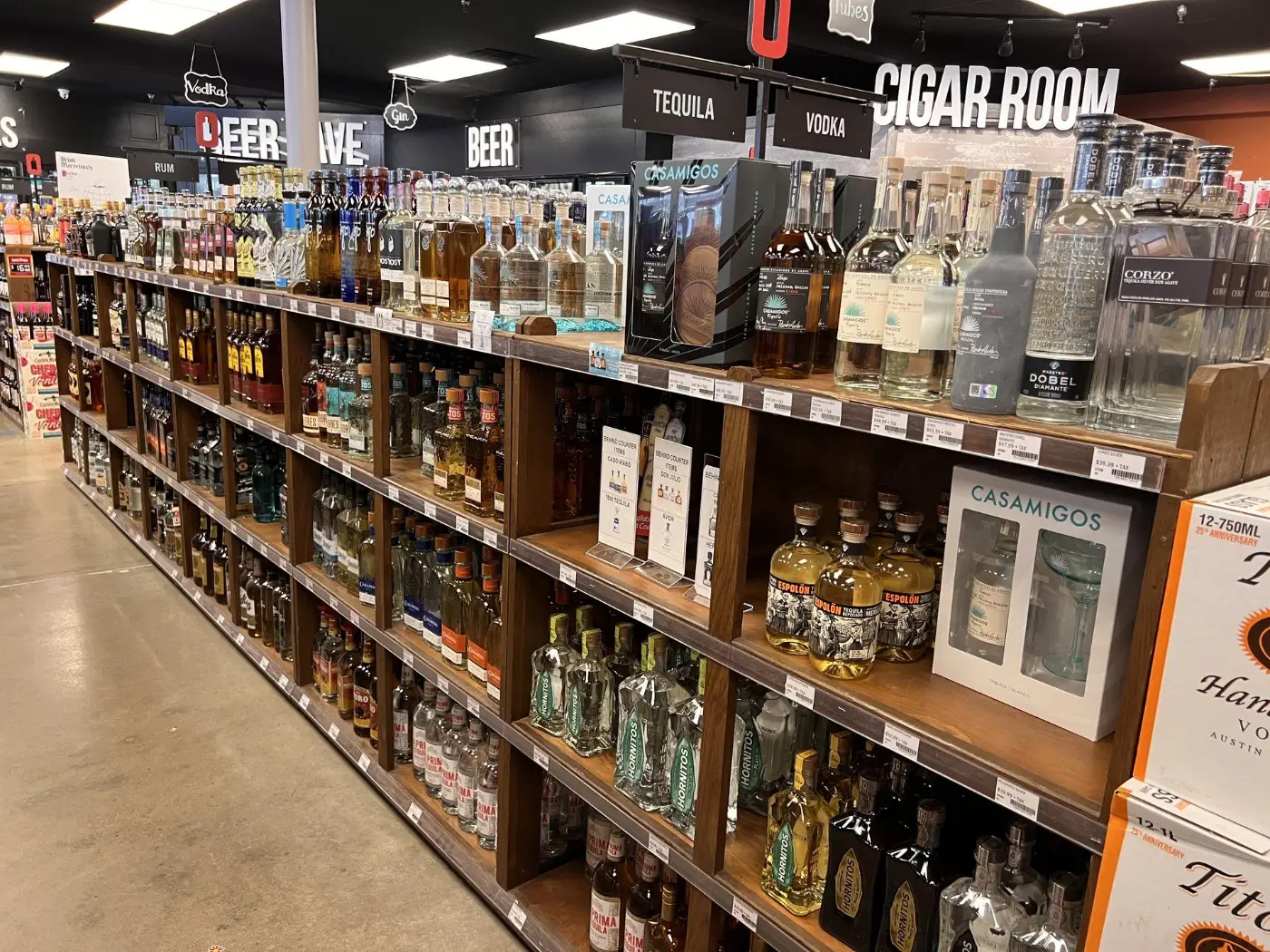 Tequila selection aisle at GS Spirits wine and liquor store in Eastlake Ohio
