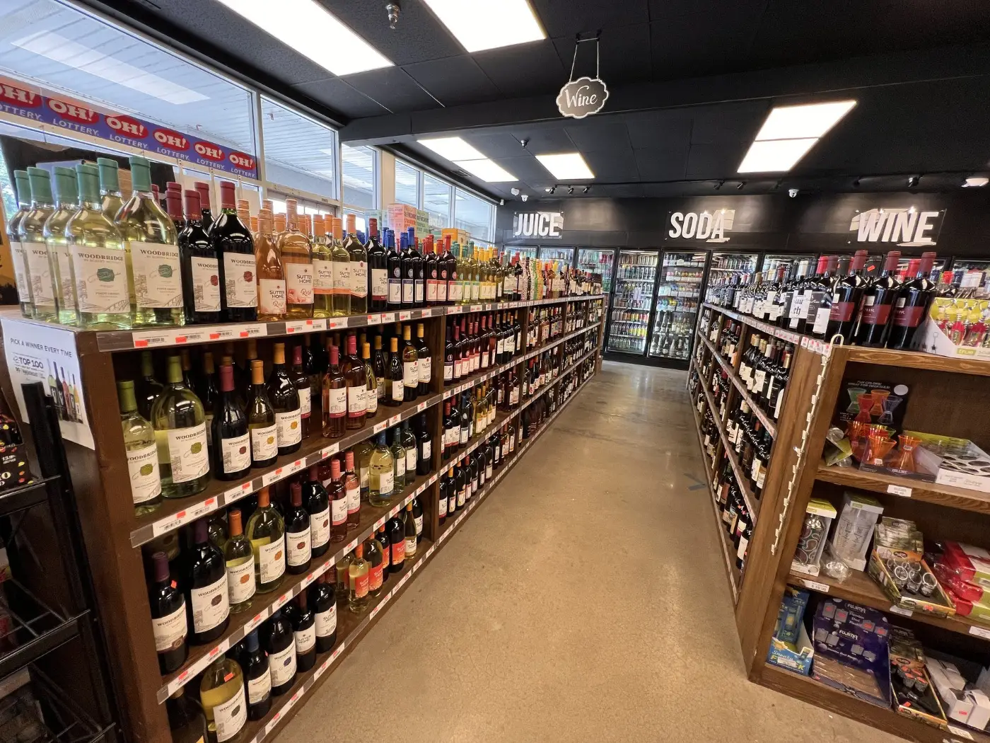 Wine selection aisle at GS Spirits wine and liquor store in Eastlake Ohio